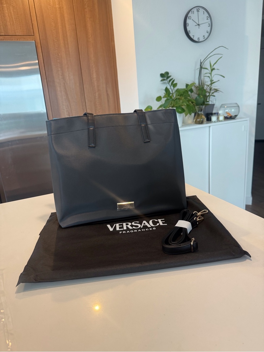 Versace Black Leather Tote with Detachable Strap